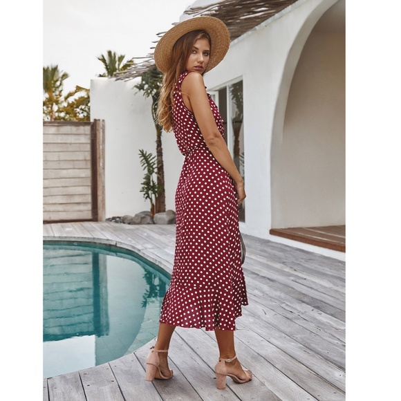 Burgundy Polka Dot Wrap Midi Dress - Picture 2 of 9